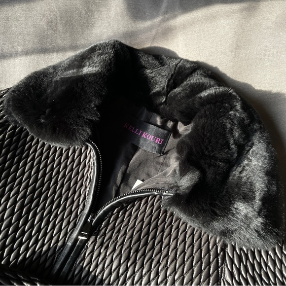 KELLI KOURI Diamond Quilted Scuba Jacket with Rabbit Fur Collar NWT - Picture 4 of 7